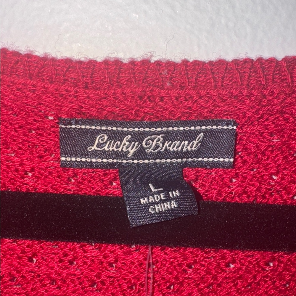 Lucky Brand NWT Size L Lightweight Red Knit Sweater With Lacy Accent Bottom. - Picture 2 of 6